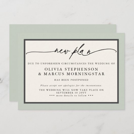 Invitation Sage et Ivory - Nouvel événement moderne reporté (Devant / Derrière)