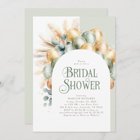 Invitation Sage et or Boho Arch Élégante Fête des mariées (Devant / Derrière)