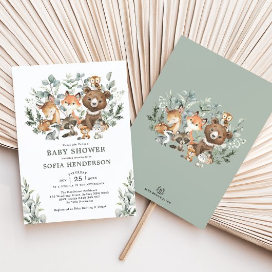 Invitation Sage Eucalyptus Baby shower des animaux des bois