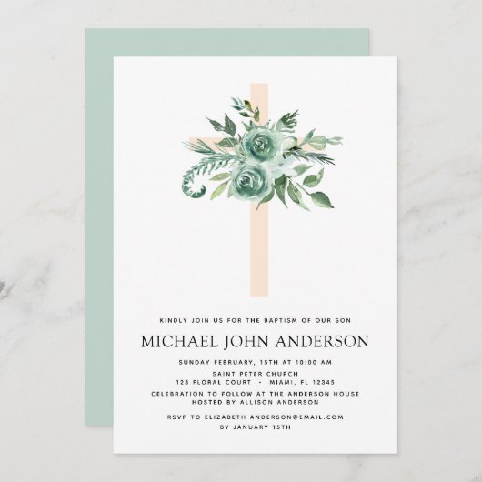 Invitation Sage Eucalyptus Baptême Croix de verdure (Devant / Derrière)