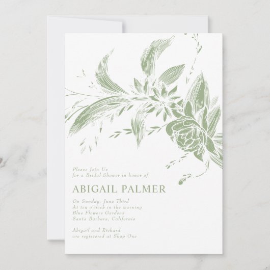 Invitation Sage fleurs vertes mariage douche nuptiale (Devant)