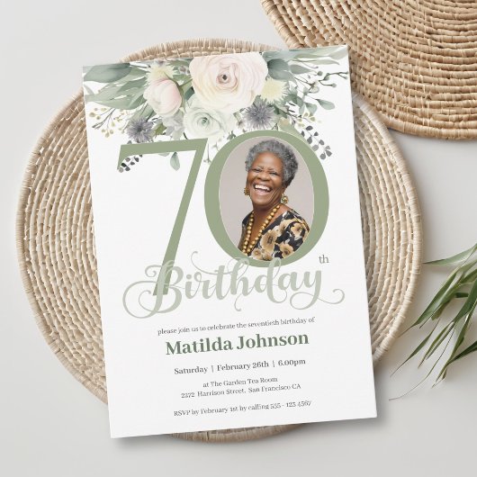 Invitation Sage Floral Photo 70e anniversaire