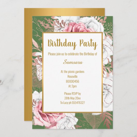 INVITATION SAGE FLORAL ROSE GOLD BOUQUET ANNIVERSAIRE INVITAT (Devant / Derrière)