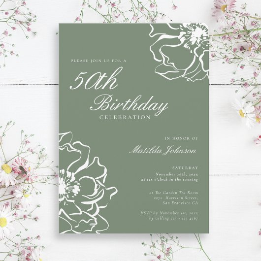 Invitation Sage floral simple 50e fête d'anniversaire