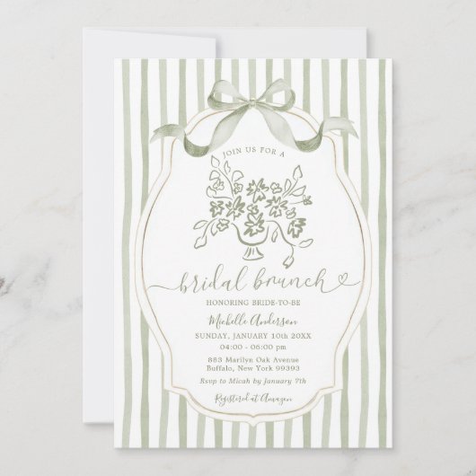 Invitation Sage Floral Stripes Bow Bridal Brunch (Devant)