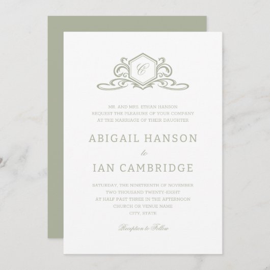 Invitation Sage Formal Crest Monogramme Mariage Élégant (Devant / Derrière)