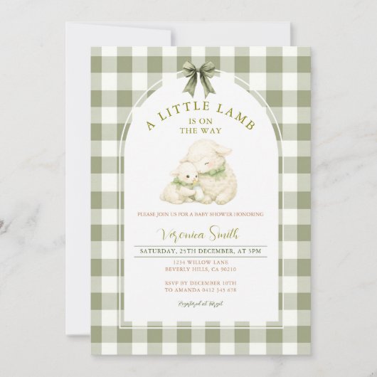 Invitation Sage Gingham Bow Little Lamb Baby Shower (Devant)