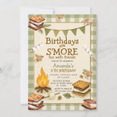 Invitation Sage Gingham Fall Camping Bonfire Marshmallow (Devant)