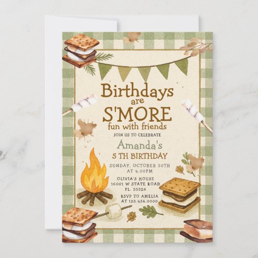 Invitation Sage Gingham Fall Camping Bonfire Marshmallow (Devant)