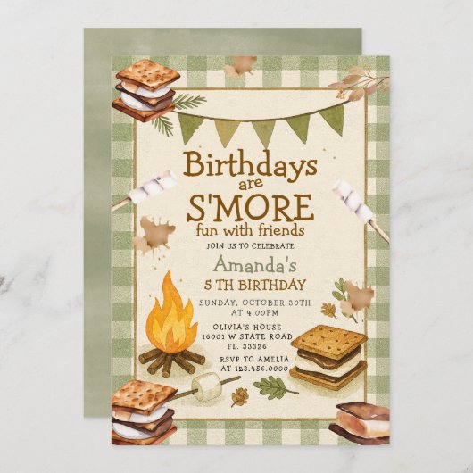 Invitation Sage Gingham Fall Camping Bonfire Marshmallow  (Devant / Derrière)