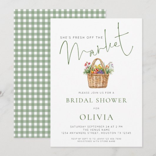Invitation Sage Gingham She’s off the Market Bridal Shower (Devant / Derrière)