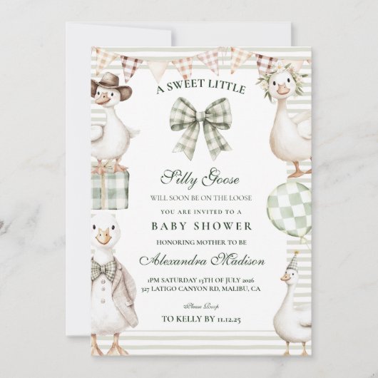 Invitation Sage Gingham Silly Goose Baby Shower (Devant)