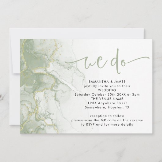 Invitation Sage Gold Agate Écriture Nous faisons Code QR Mari (Devant)