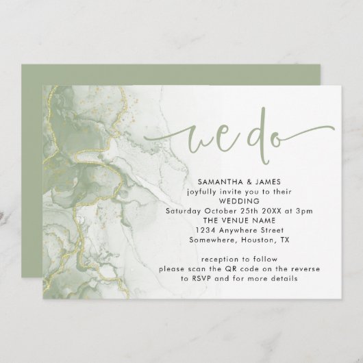 Invitation Sage Gold Agate Script Nous faisons QR Code Mariag (Devant / Derrière)