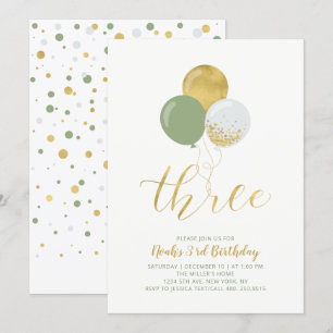 Invitation Sage & Gold Ballons Trois 3e Anniversaire