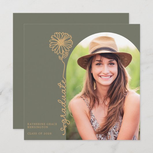 Invitation Sage Gold écrit à la main Floral Photo Graduation (Devant / Derrière)