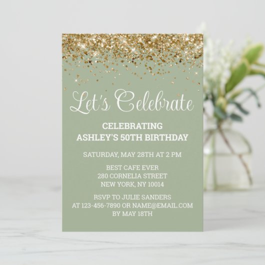 Invitation Sage & Gold Parties scintillant 50e anniversaire C (Debout devant)