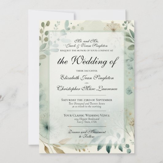Invitation Sage Gold Watercolor Botanical Formal Wedding (Devant)