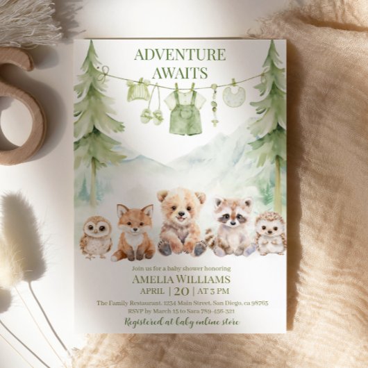 Invitation Sage Green Adventure Awaits Woodland Baby Shower