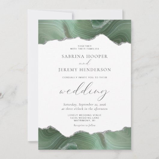 Invitation Sage Green Agate Silver Wedding (Devant)
