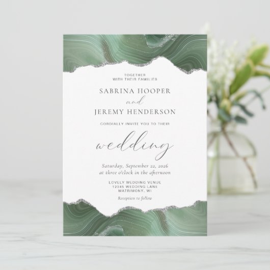 Invitation Sage Green Agate Silver Wedding (Debout devant)