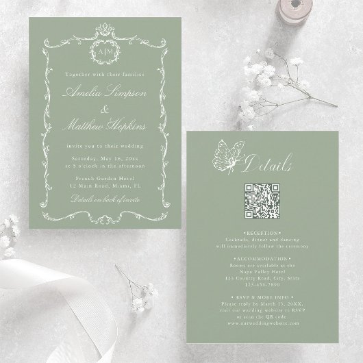 Invitation Sage Green All in One Modern Classic Wedding