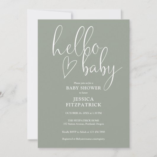 Invitation Sage Green All In One QR Code Hello Baby Shower (Devant)