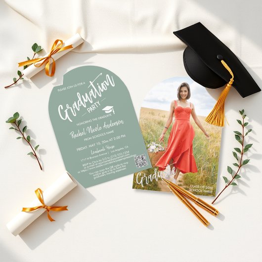 Invitation Sage Green Arch Photo Grad Party