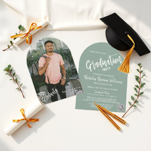 Invitation Sage Green Arch Photo Graduation Party QR Code