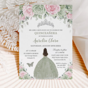 Invitation Sage Green Baby rose Floral Argent Quinceañera