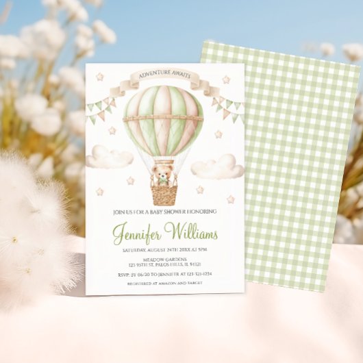 Invitation Sage Green Ballon à air chaud Baby shower ours en