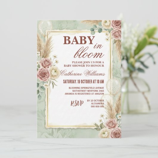 Invitation Sage Green Balloons Floral Baby Shower (Debout devant)