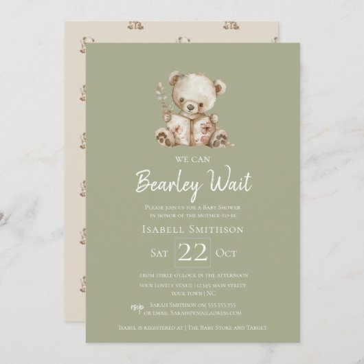 Invitation Sage Green Bearly Wait Storybook Bear Baby shower (Devant / Derrière)