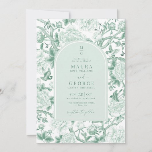 Invitation Sage Green Birds Peony Chinoiserie Jardin Mariage (Devant)