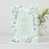 Invitation Sage Green Birds Peony Chinoiserie Jardin Mariage (Debout devant)