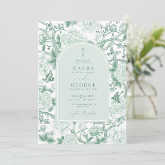 Invitation Sage Green Birds Peony Chinoiserie Jardin Mariage (Debout devant)