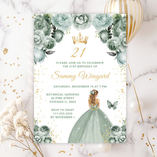 Invitation Sage Green Blonde Coiffure Princesse Anniversaire
