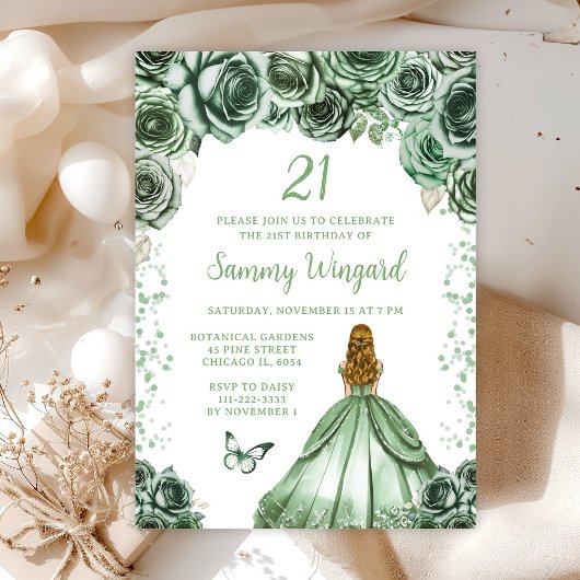 Invitation Sage Green Blonde Coiffure Princesse Anniversaire