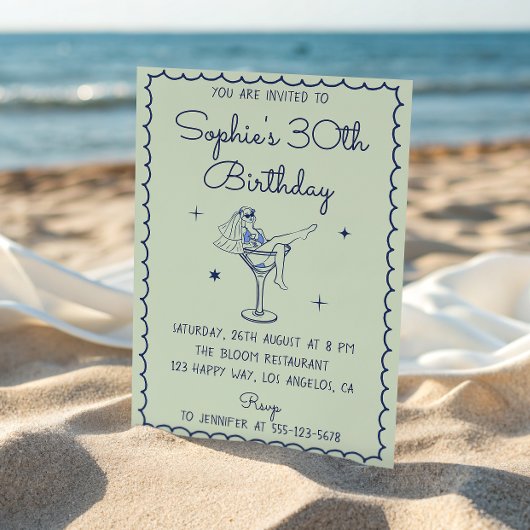 Invitation Sage Green & Blue Martini Glass 30th Birthday