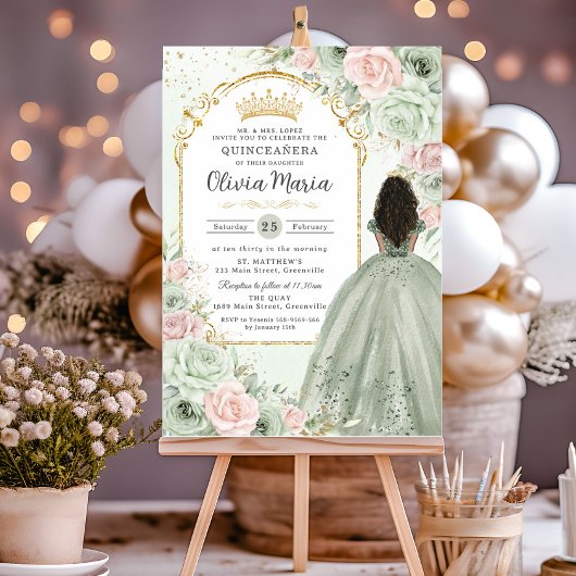 Invitation Sage Green Blush Floral Brown fille Quinceañera