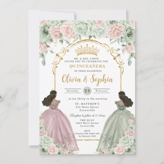 Invitation Sage Green Blush Floral Brown Twins Quinceañera (Devant)