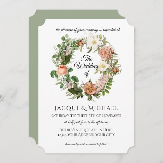 Invitation Sage Green Blush Ivory Roses w Fern Wreath Mariage (Devant / Derrière)