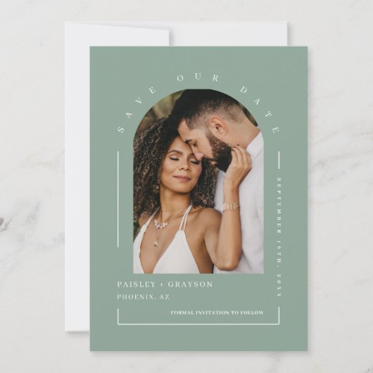 Invitation Sage Green Boho Arch Photo QR Code Enregistrer not (Devant)