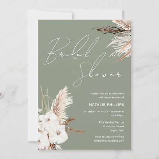 Invitation Sage Green Boho Blanc Floral Moderne Baby Shower d (Devant)