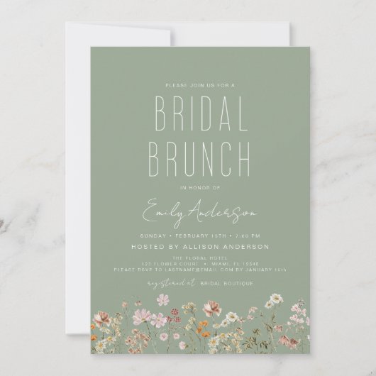 Invitation Sage Green Boho Fleur sauvage Bridal Brunch Douche (Devant)