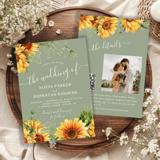 Invitation Sage green boho floral sunflower wedding