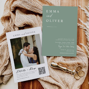 Invitation Sage Green Boho Minimal Mariage Photo QR Code RSVP