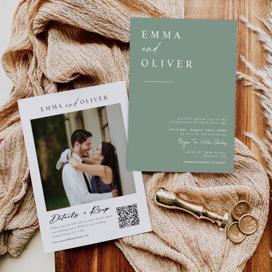 Invitation Sage Green Boho Minimal Mariage Photo QR Code RSVP