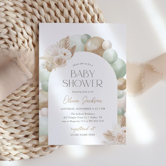 Invitation Sage Green Boho Pampas Grass Arche Baby shower
