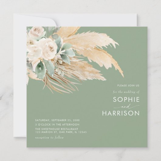Invitation Sage Green Boho Pampas Grass Carré Mariage (Devant)